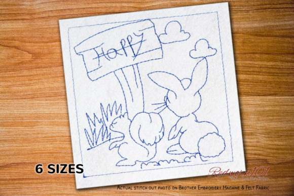 Happy Easter Bunny with Squirrel Redwork