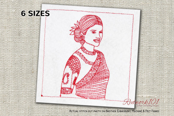 Women Dressed in Indian Saree Redwork